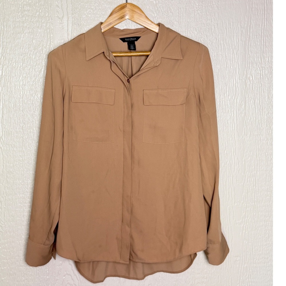 White House Black Market Tan Long Sleeve Button Down Blouse Size 12
